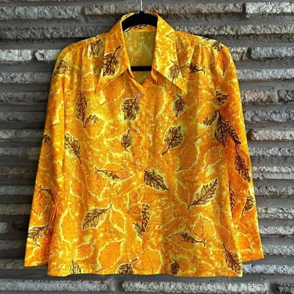 Vintage 70s Dagger Point Collar Orange Leaf Print Nylon Blouse - Picture 1 of 5